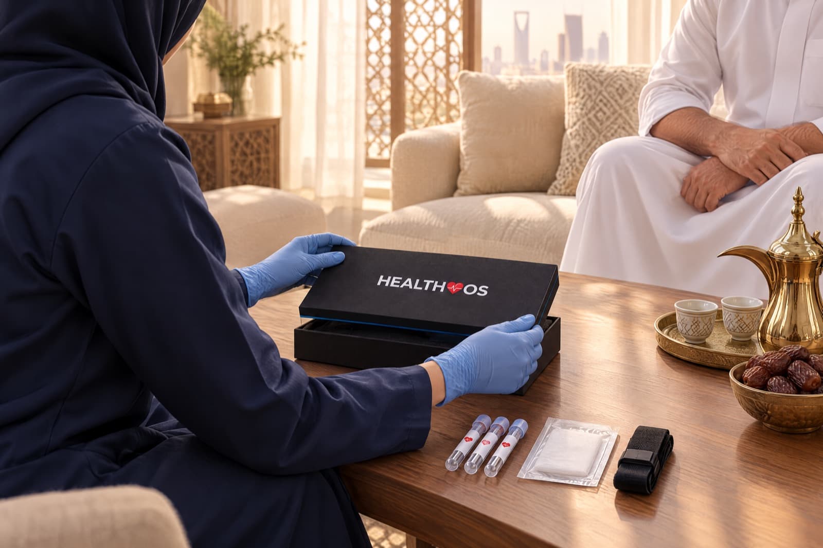 A nurse in a navy abaya and hijab with blue gloves opens a black HealthOS box on a wooden table in a bright Saudi living room, with collection tubes, gauze, Arabic coffee and dates on the table