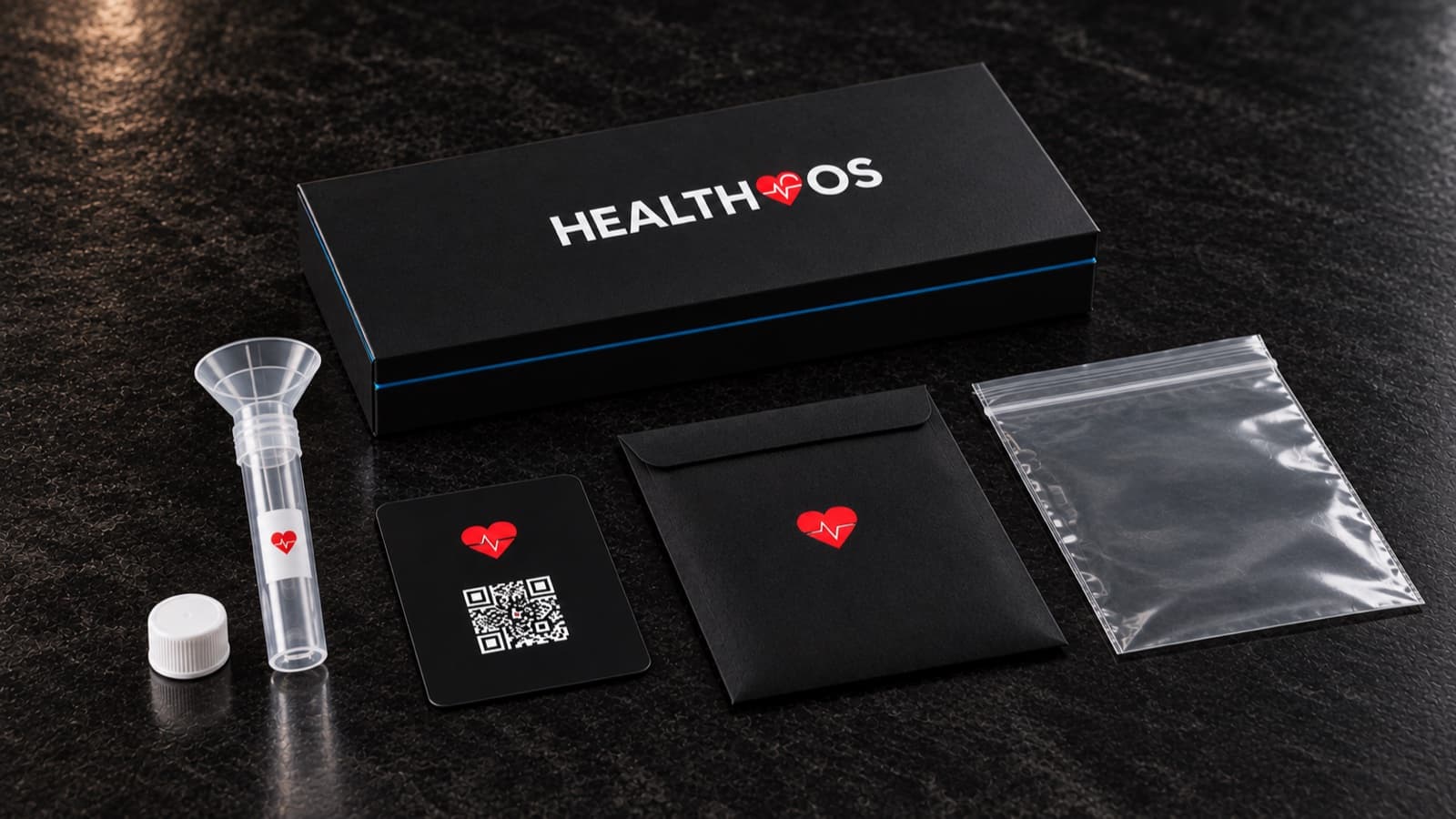 The HealthOS DNA Kit: a saliva tube with funnel and cap, a card with your kit code, a return envelope and a specimen bag