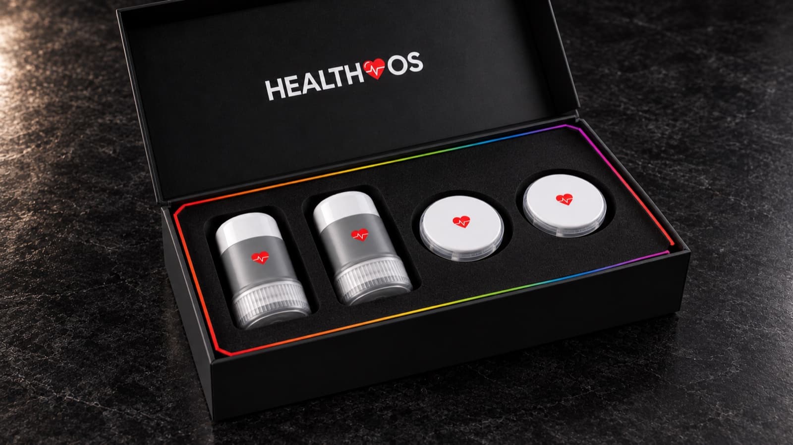 The HealthOS Sensor box, open: two applicators and two sensors
