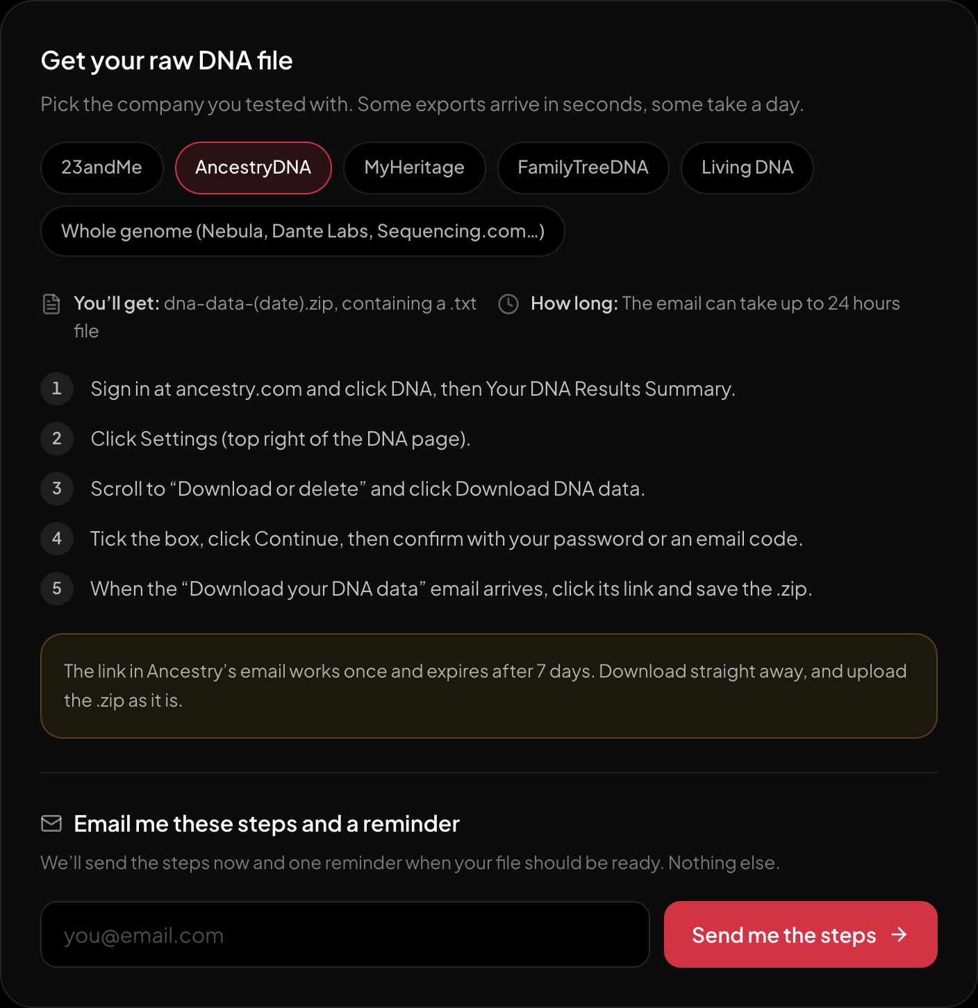 The download steps for AncestryDNA, on the page itself.