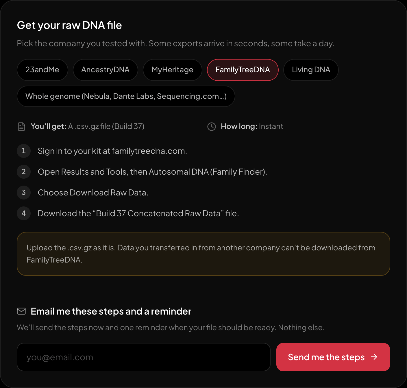 The download steps for FamilyTreeDNA, on the page itself.