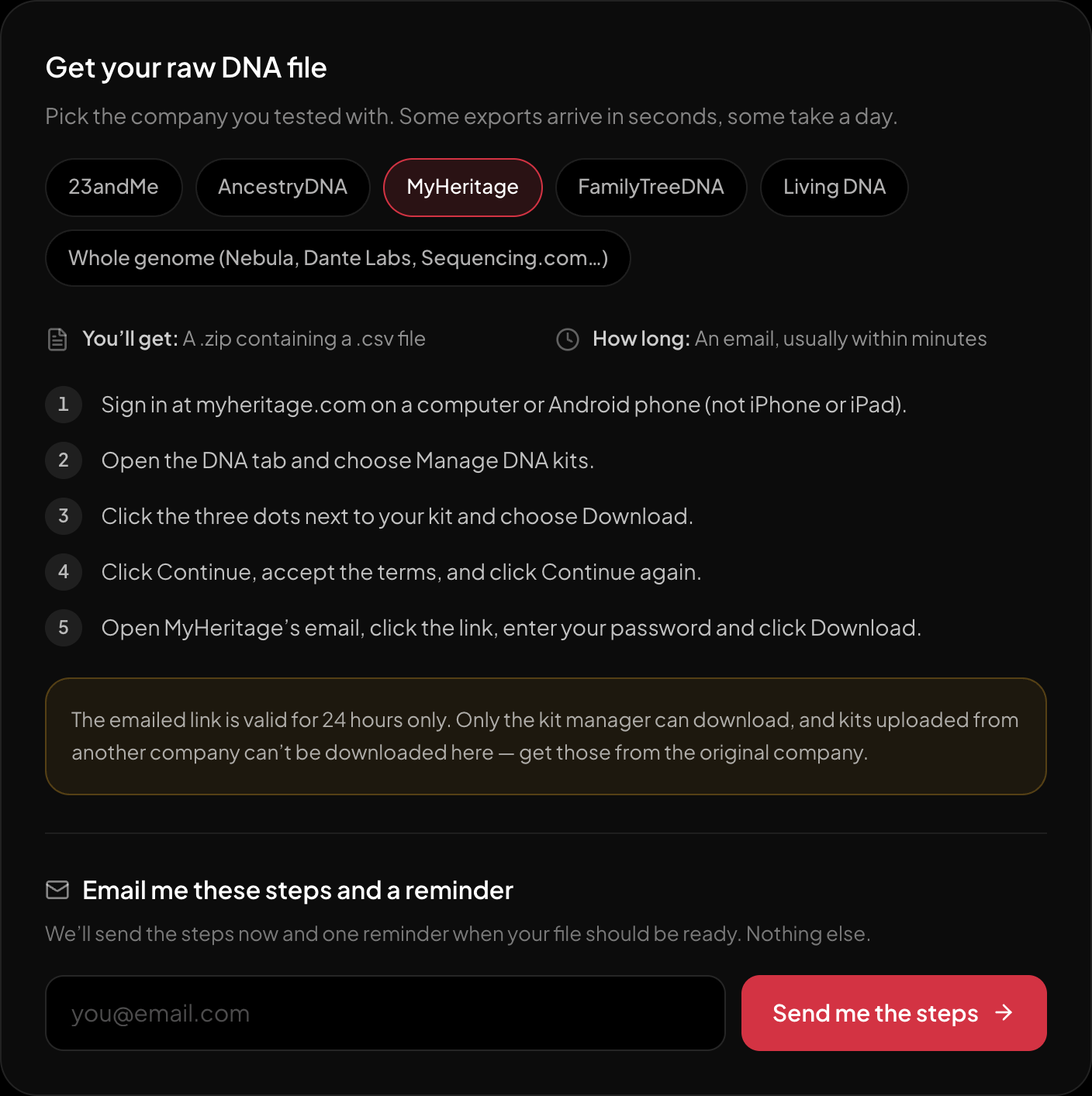 The download steps for MyHeritage, on the page itself.